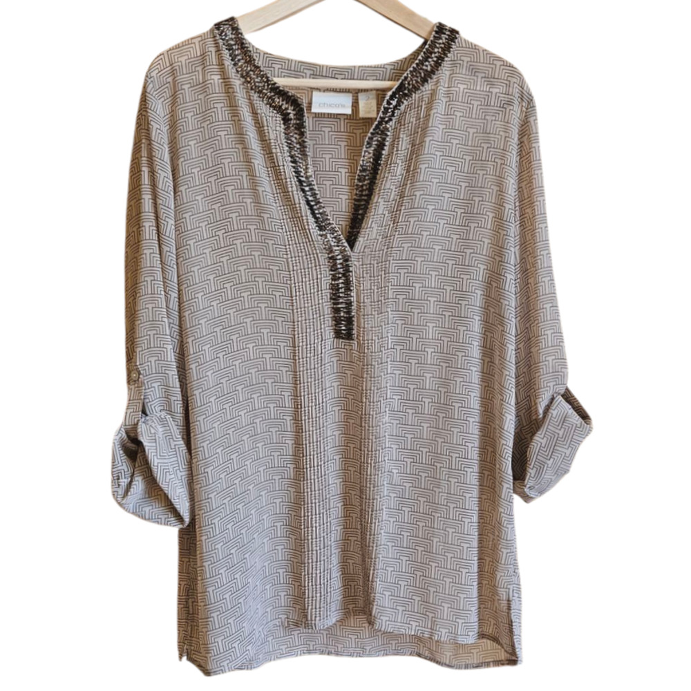 Chico's Women's Tunic Blouse VNeck Beaded Rolled Sleeves Brown Size 2 (Large)